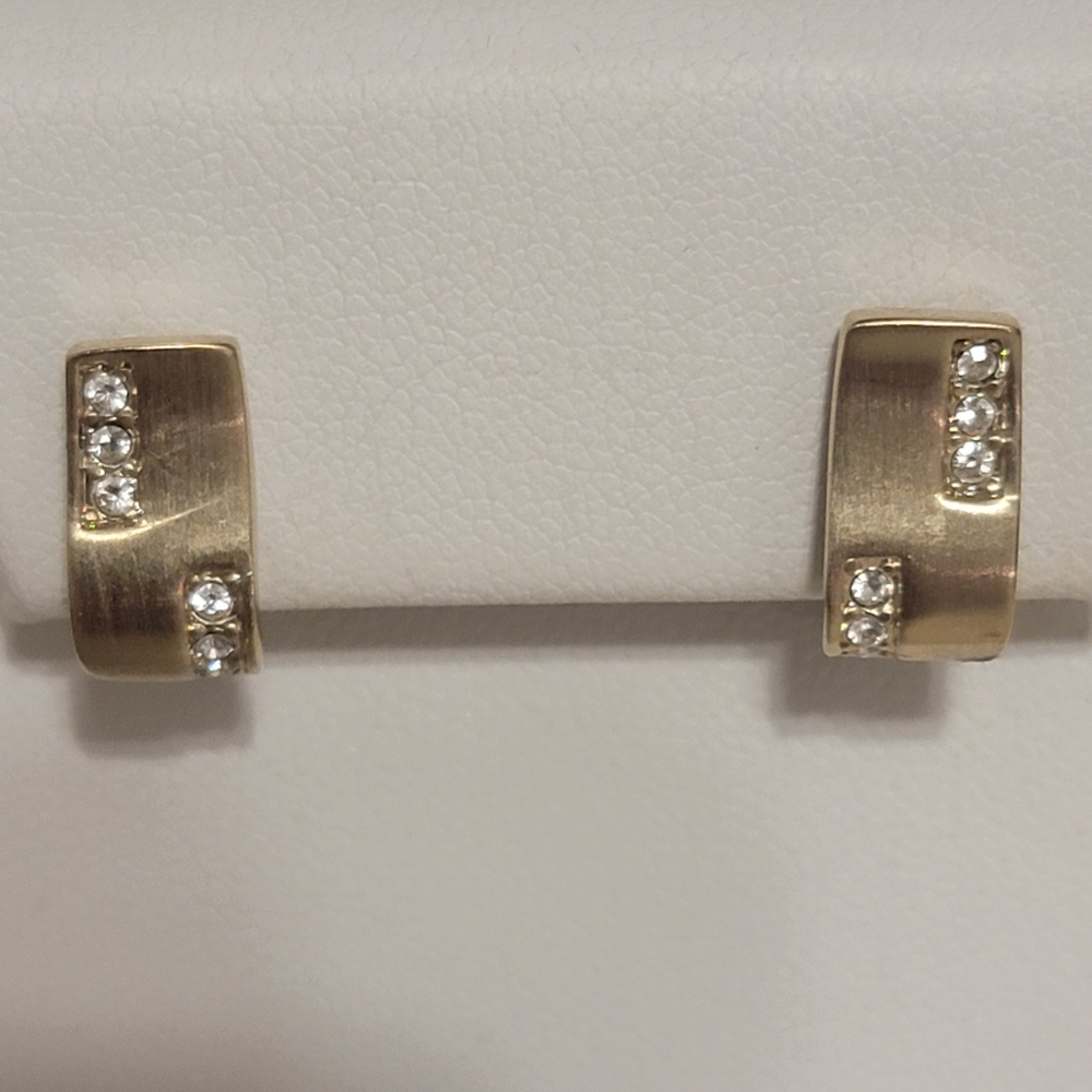 Vintage Monet Gold Tone Clear Rhinestone Geometric Clip On Earrings